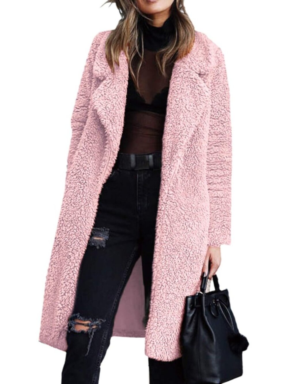 Women's Pink Fuzzy Fleece Lapel Open Front Long Cardigan Faux Fur Winter Coat